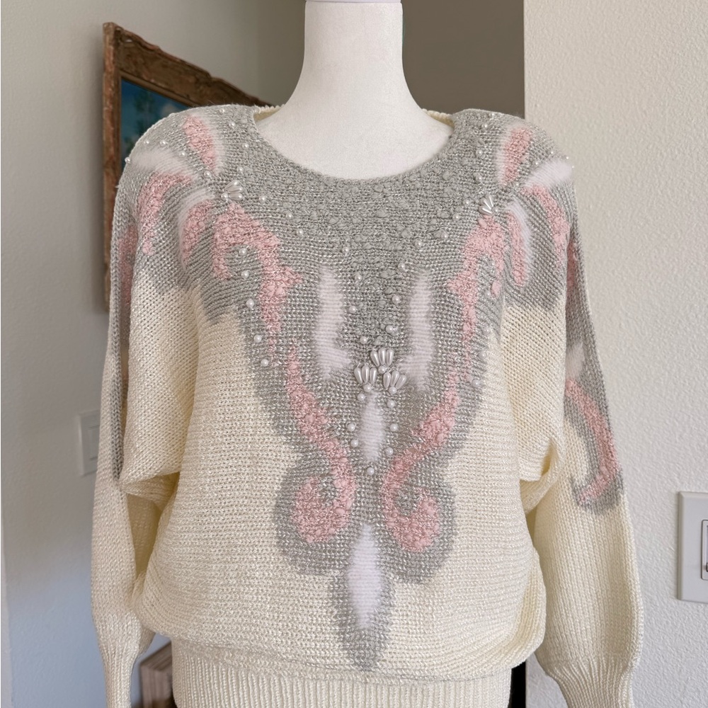 VINTAGE 80S SWEATER PEARL, ANGORA TRIM PASTEL